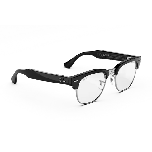 Vue de trois-quarts droite des lunettes Ray-Ban Meta Audio Clubmaster avec monture noir brillant et verres transparents.