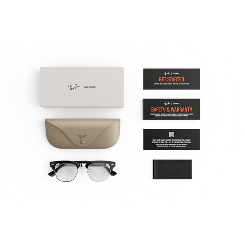Articles inclus lors de l’achat des Ray-Ban Meta Audio Clubmaster : étui de chargement Ray-Ban Meta, lunettes Ray-Ban Meta AI et guide de démarrage.