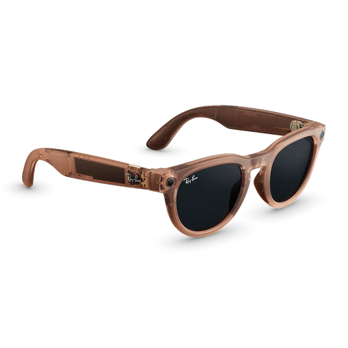Vue de trois-quarts droite des lunettes Ray-Ban Meta Headliner avec monture pêche mat transparent et verres Transitions® gris.