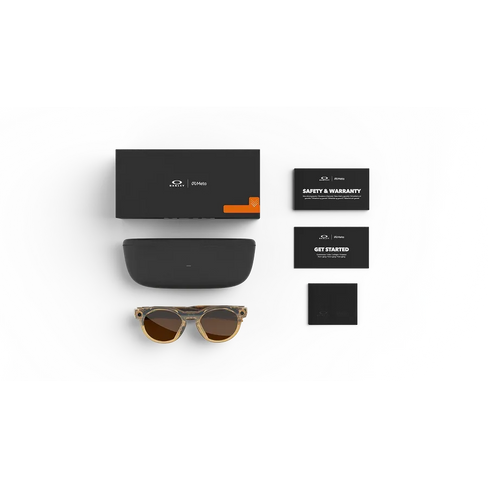Fournis avec vos lunettes Oakley Meta : étui de chargement Oakley Meta, lunettes IA Oakley Meta et guide de démarrage.
