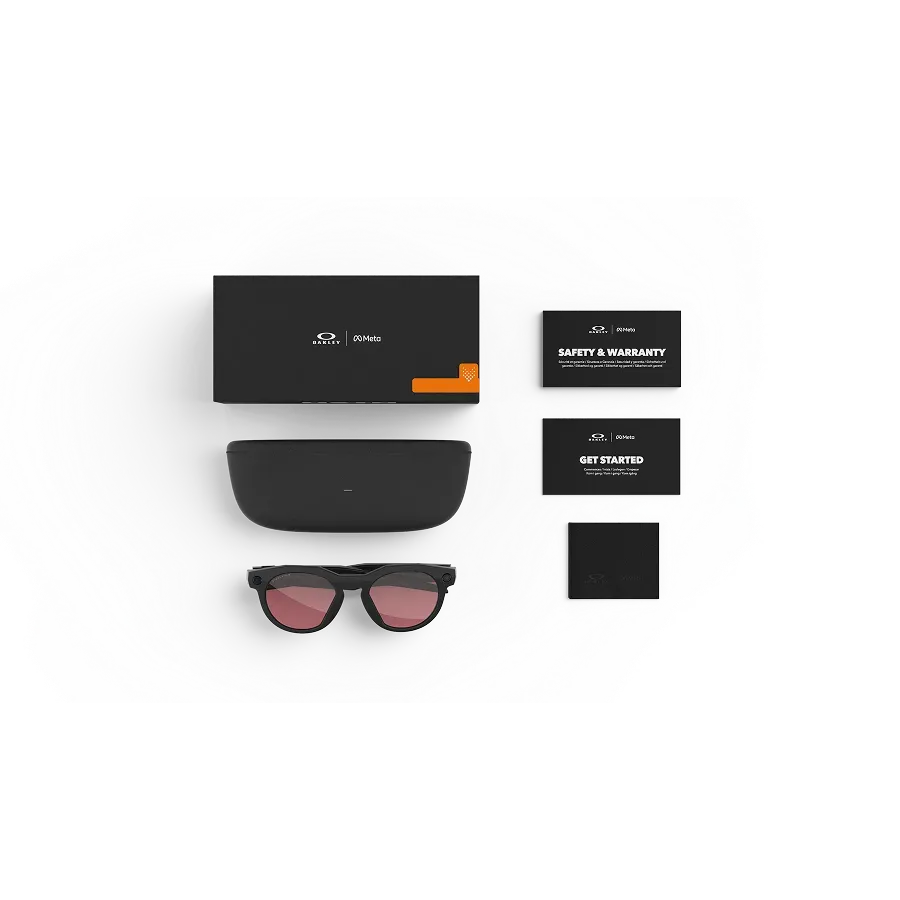 Fournis avec vos lunettes Oakley Meta : étui de chargement Oakley Meta, lunettes IA Oakley Meta et guide de démarrage.