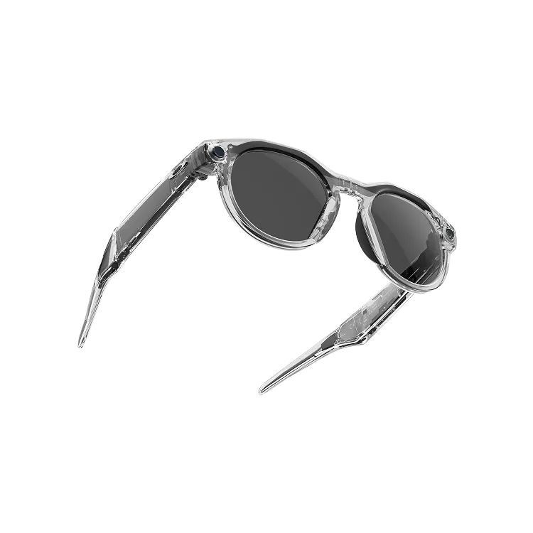 Vue angulaire des lunettes Oakley Meta HSTN avec monture transparente et verres Transitions® gris.