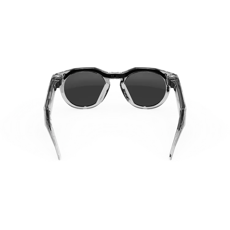 Vue arrière des lunettes Oakley Meta HSTN avec monture transparente et verres Transitions® gris.