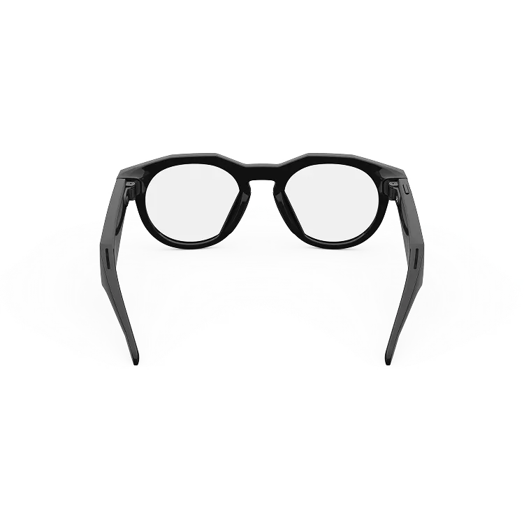 Vue arrière des lunettes Oakley Meta HSTN avec monture noire et verres transparents.