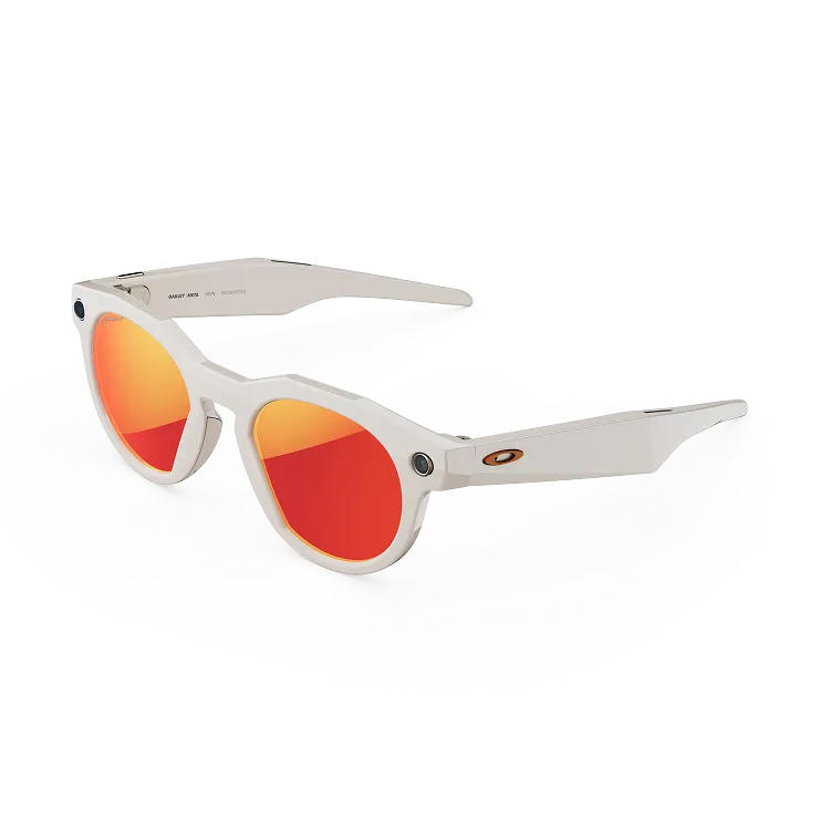 Vue de trois-quarts gauche des lunettes Oakley Meta HSTN avec monture couleur warm grey et verres Prizm™ Ruby.