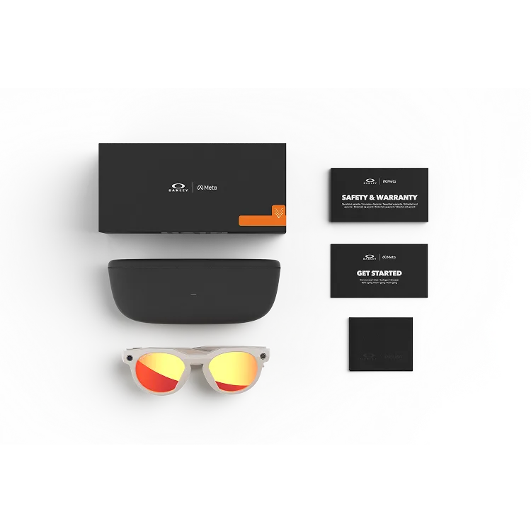 Fournis avec vos lunettes Oakley Meta : étui de chargement Oakley Meta, lunettes IA Oakley Meta et guide de démarrage.