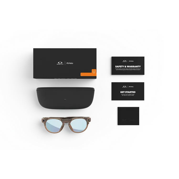 Fournis avec vos lunettes Oakley Meta : étui de chargement Oakley Meta, lunettes IA Oakley Meta et guide de démarrage.