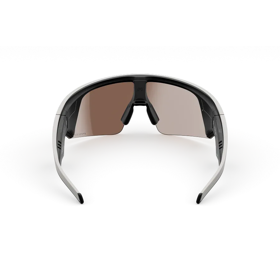 Vue arrière des lunettes Oakley Meta Vanguard avec monture blanche et verres Prizm™ Rose Gold.