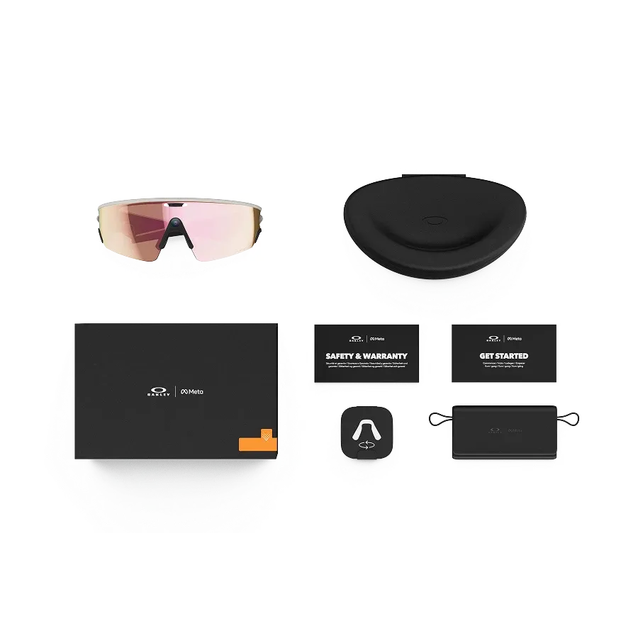 Fournis avec vos lunettes Oakley Meta Vanguard : étui de chargement Oakley Meta Vanguard, lunettes IA Oakley Meta Vanguard et guide de démarrage.