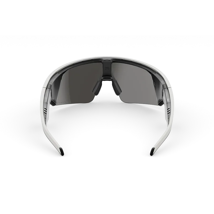 Vue arrière des lunettes Oakley Meta Vanguard avec monture blanc mat et verres Prizm™ Black.