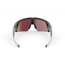 Vue arrière des lunettes Oakley Meta Vanguard avec monture blanc mat et verres Prizm™ Sapphire.