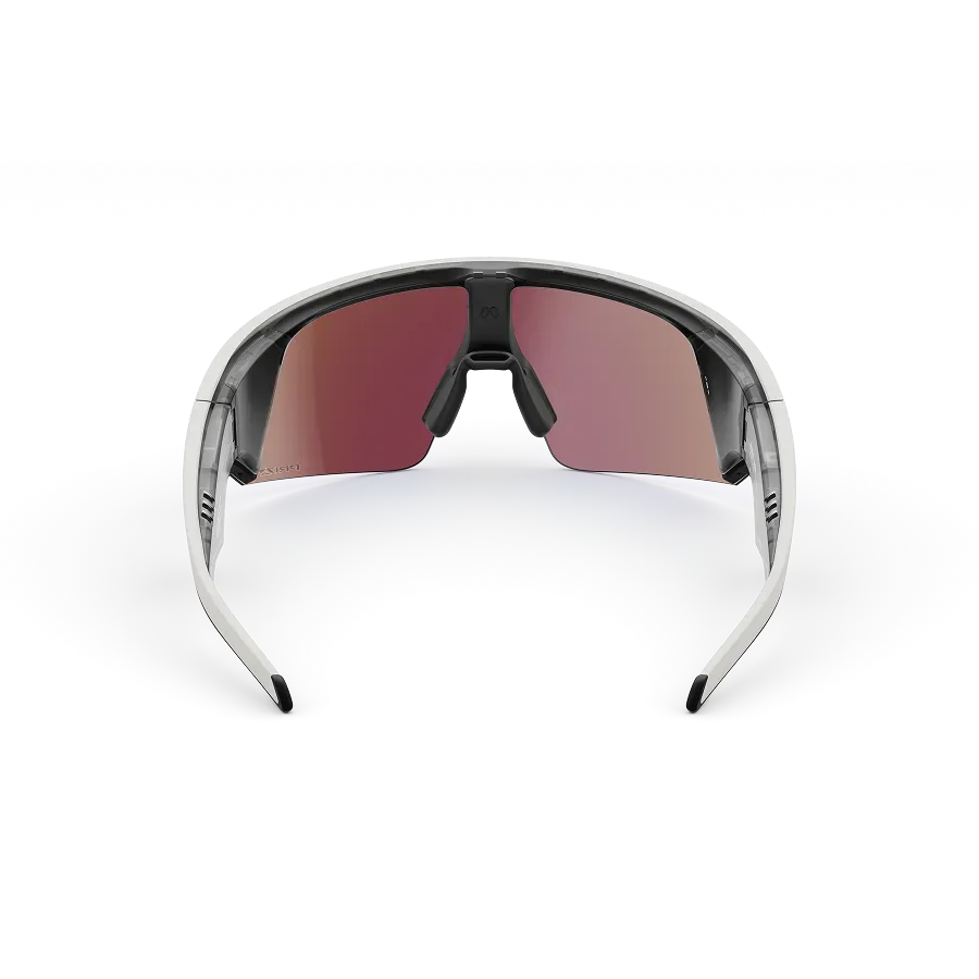 Vue arrière des lunettes Oakley Meta Vanguard avec monture blanc mat et verres Prizm™ Sapphire.