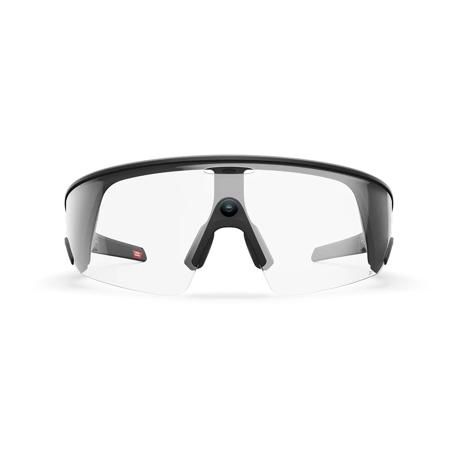 Vue de face des lunettes Oakley Meta Vanguard avec monture noire et verres transparents.