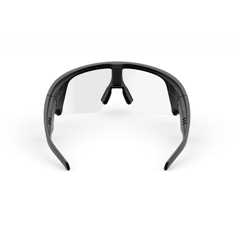 Vue arrière des lunettes Oakley Meta Vanguard avec monture noire et verres transparents.