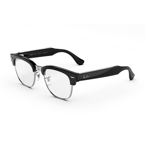 Vue de trois-quarts gauche des lunettes Ray-Ban Meta Audio Clubmaster avec monture noir brillant et verres transparents.