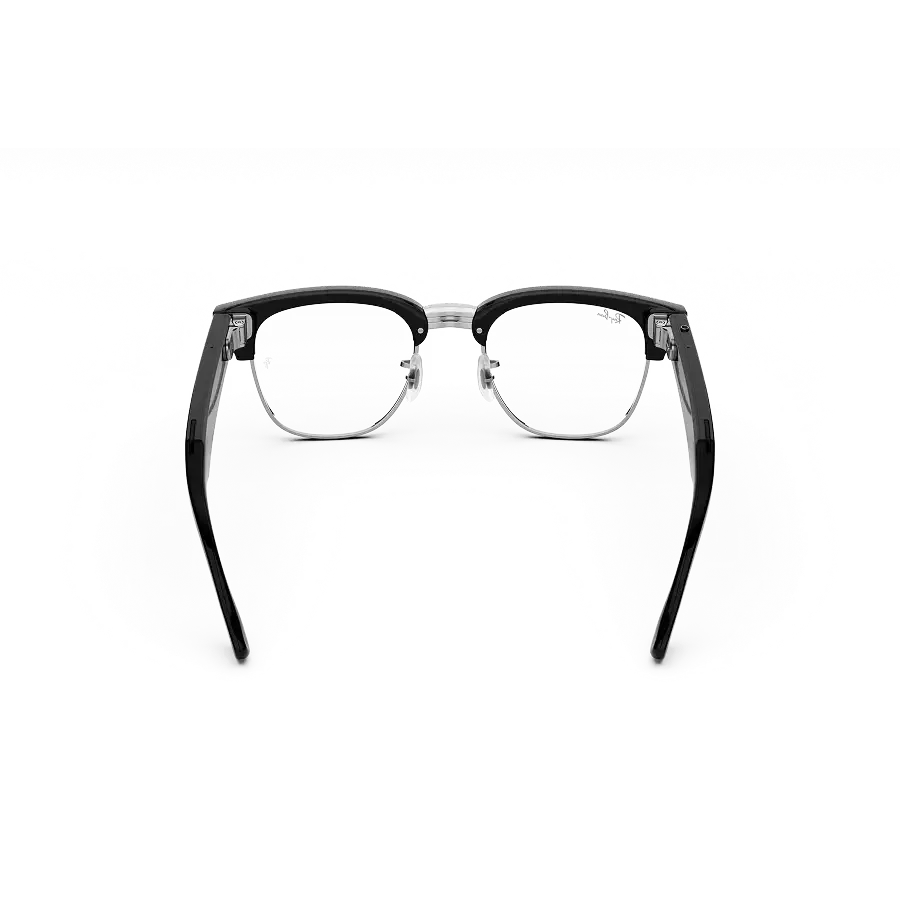 Vue arrière des lunettes Ray-Ban Meta Audio Clubmaster avec monture noir brillant et verres transparents.