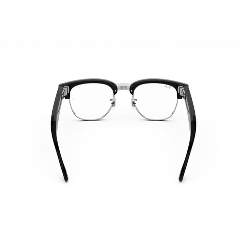 Vue arrière des lunettes Ray-Ban Meta Audio Clubmaster avec monture noir brillant et verres transparents.