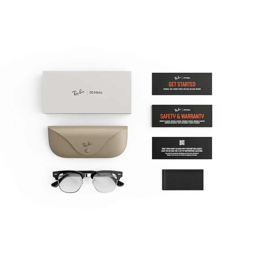 Articles inclus lors de l’achat des Ray-Ban Meta Audio Clubmaster : étui de chargement Ray-Ban Meta, lunettes Ray-Ban Meta AI et guide de démarrage.