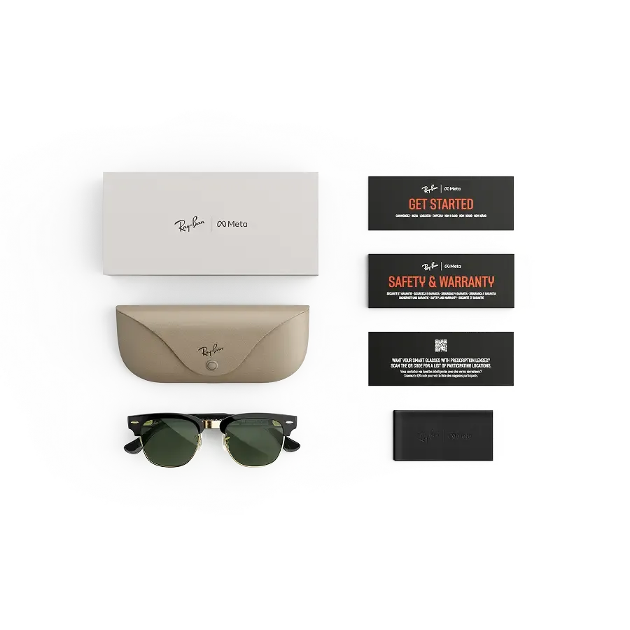 Articles inclus lors de l’achat des Ray-Ban Meta Audio Clubmaster : étui de chargement Ray-Ban Meta, lunettes Ray-Ban Meta AI et guide de démarrage.