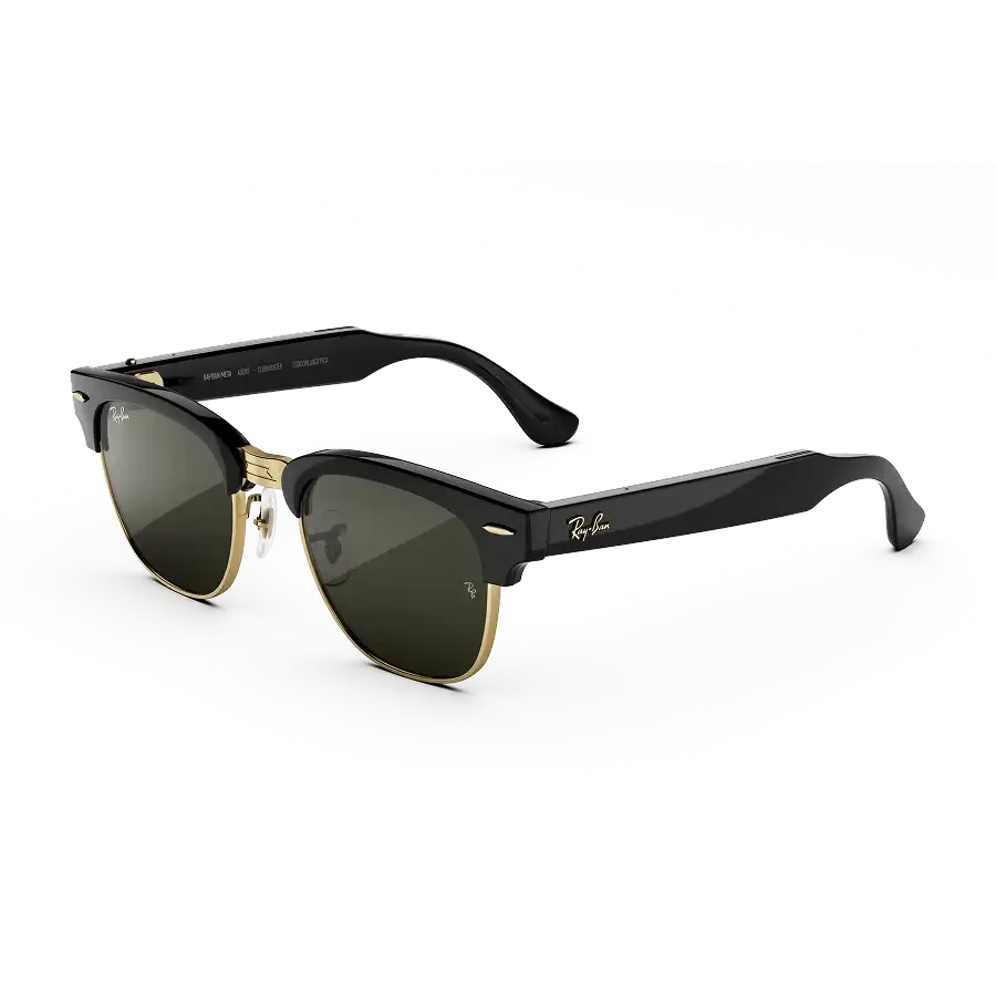 Vue de trois-quarts gauche des lunettes Ray-Ban Meta Audio Clubmaster avec monture noir brillant et verres or vert.