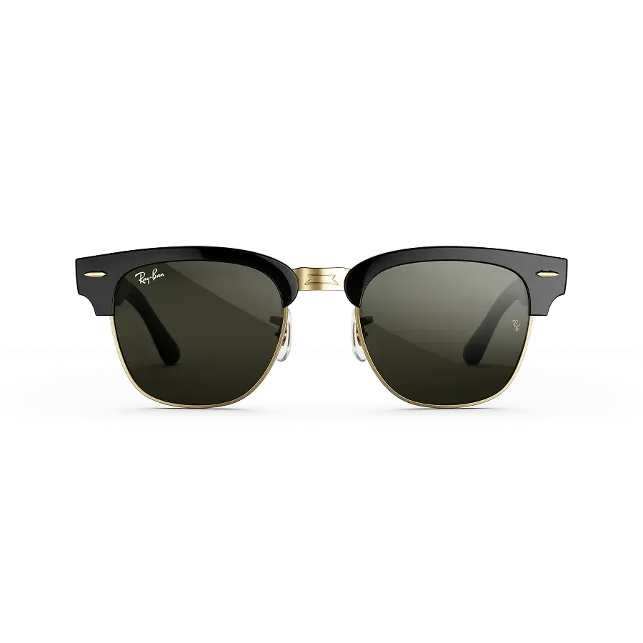 Vue avant des Ray-Ban Meta Audio Clubmaster avec monture noir brillant et verres or vert.
