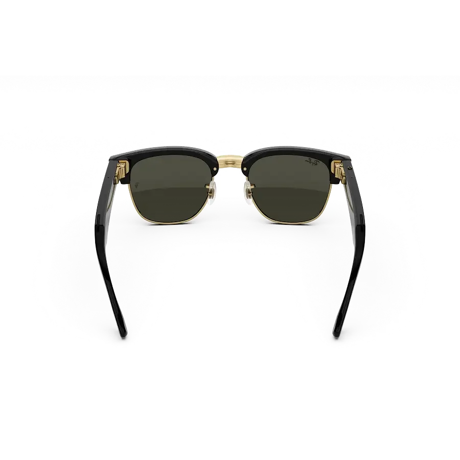 Vue arrière des lunettes Ray-Ban Meta Audio Clubmaster avec monture noir brillant et verres or vert.