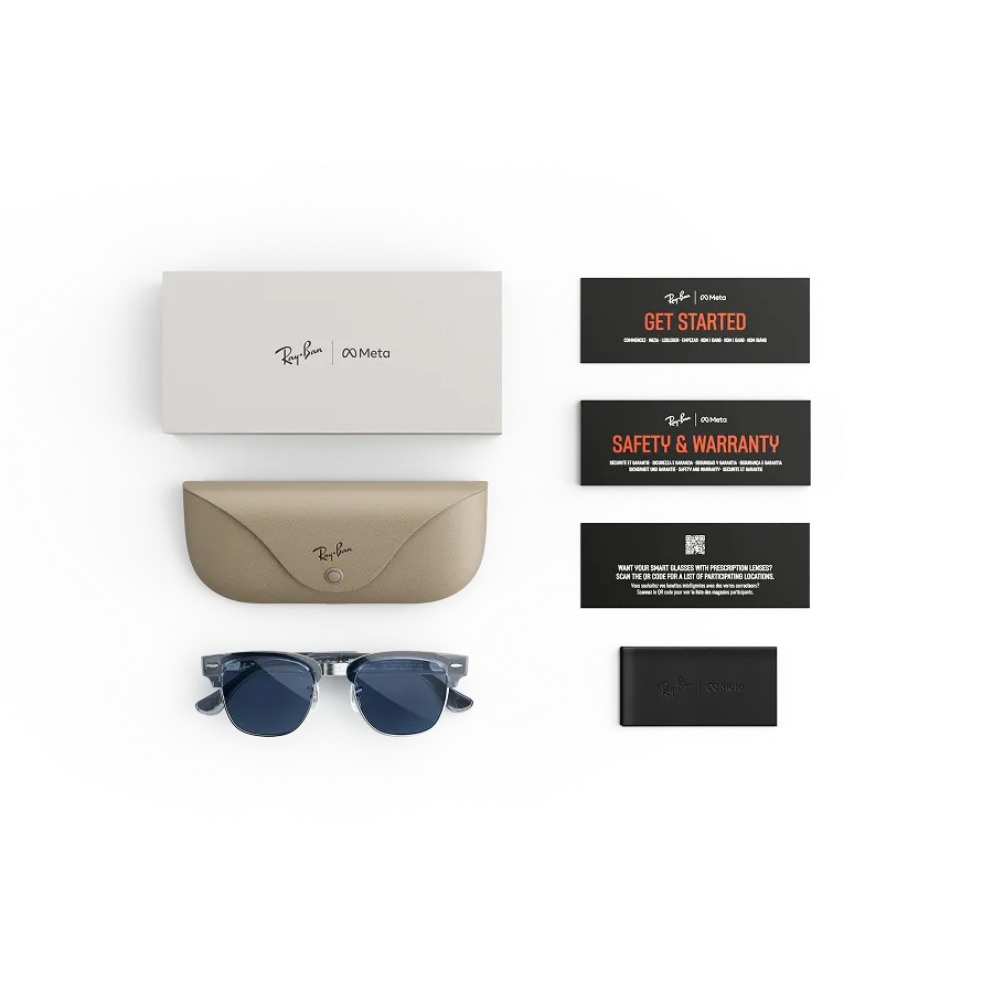 Articles inclus lors de l’achat des Ray-Ban Meta Audio Clubmaster : étui de chargement Ray-Ban Meta, lunettes Ray-Ban Meta AI et guide de démarrage.