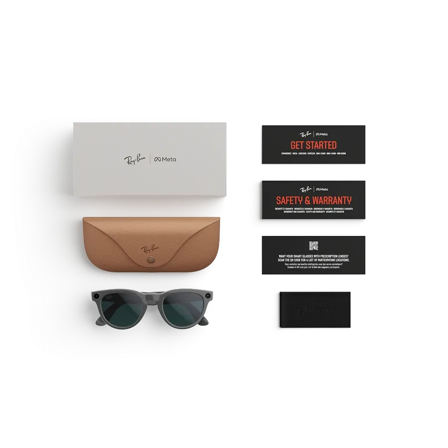 Articles inclus lors de l’achat des lunettes Ray-Ban Meta : étui de chargement Ray-Ban Meta, lunettes IA Ray-Ban Meta et guide de démarrage.