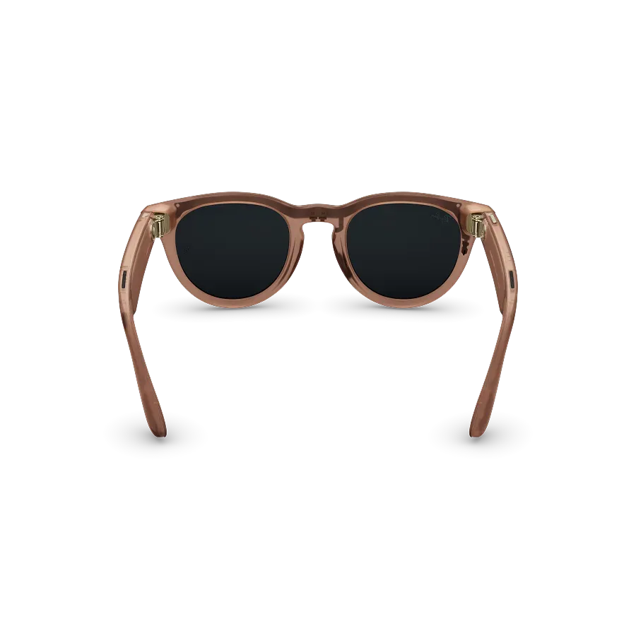 Vue arrière des lunettes Ray-Ban Meta Headliner avec monture pêche mat transparent et verres Transitions® gris.
