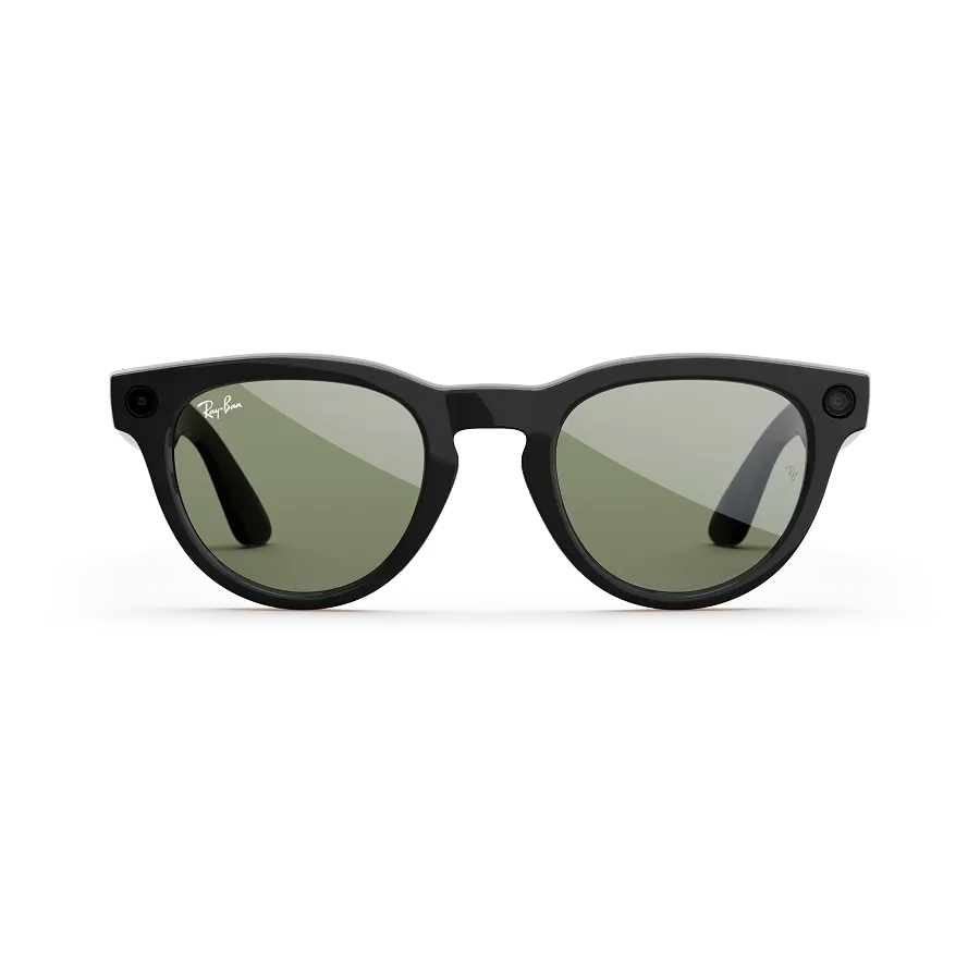 Vue avant des lunettes Ray-Ban Meta Headliner avec monture noir brillant et verres solaires verts.
