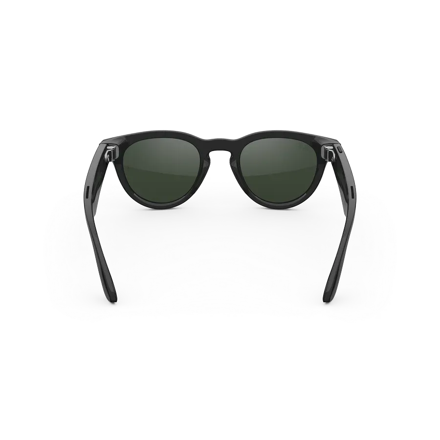 Vue arrière des lunettes Ray-Ban Meta avec monture Noir Brillant et verres Transitions® vert graphite.