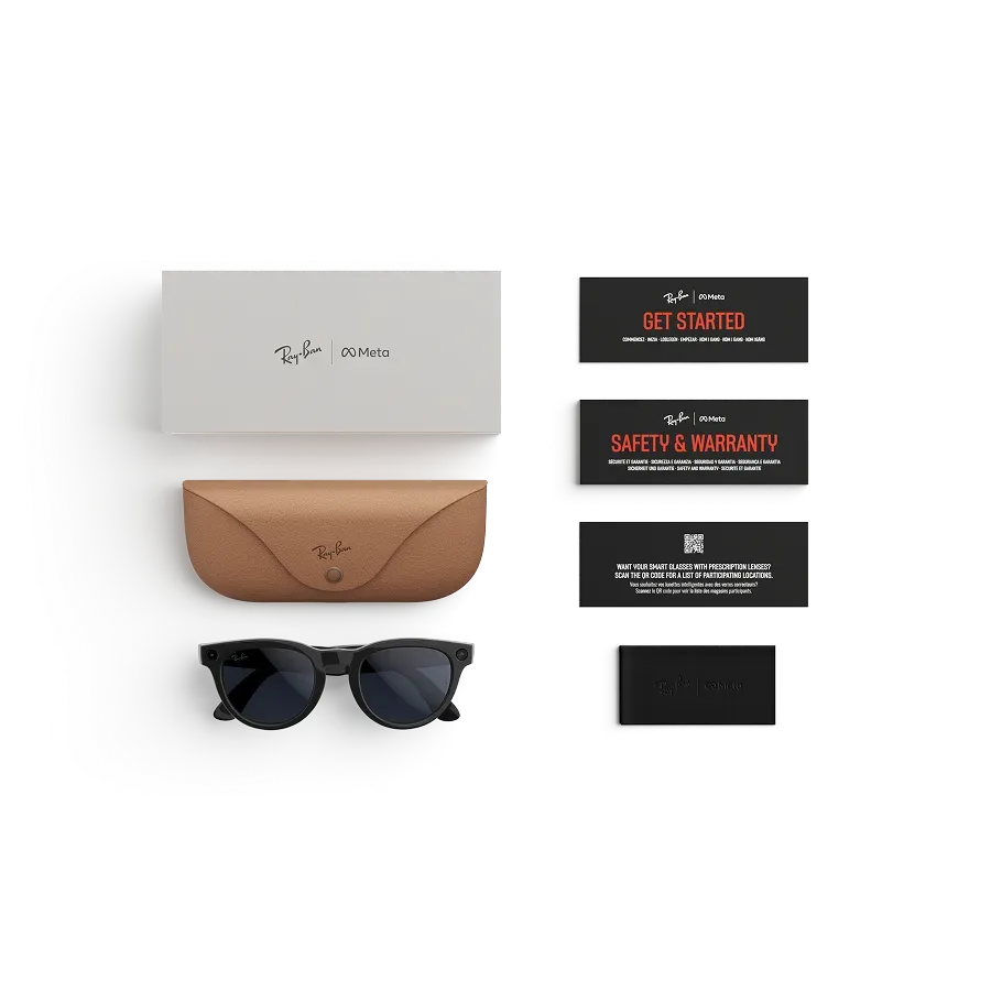 Articles inclus lors de l’achat des lunettes Ray-Ban Meta : étui de chargement Ray-Ban Meta, lunettes IA Ray-Ban Meta et guide de démarrage.