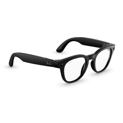 Vue de trois quarts droite des lunettes Ray-Ban Meta Scriber Optics (Gen 2) avec monture Noir brillant uni et verres transparents.