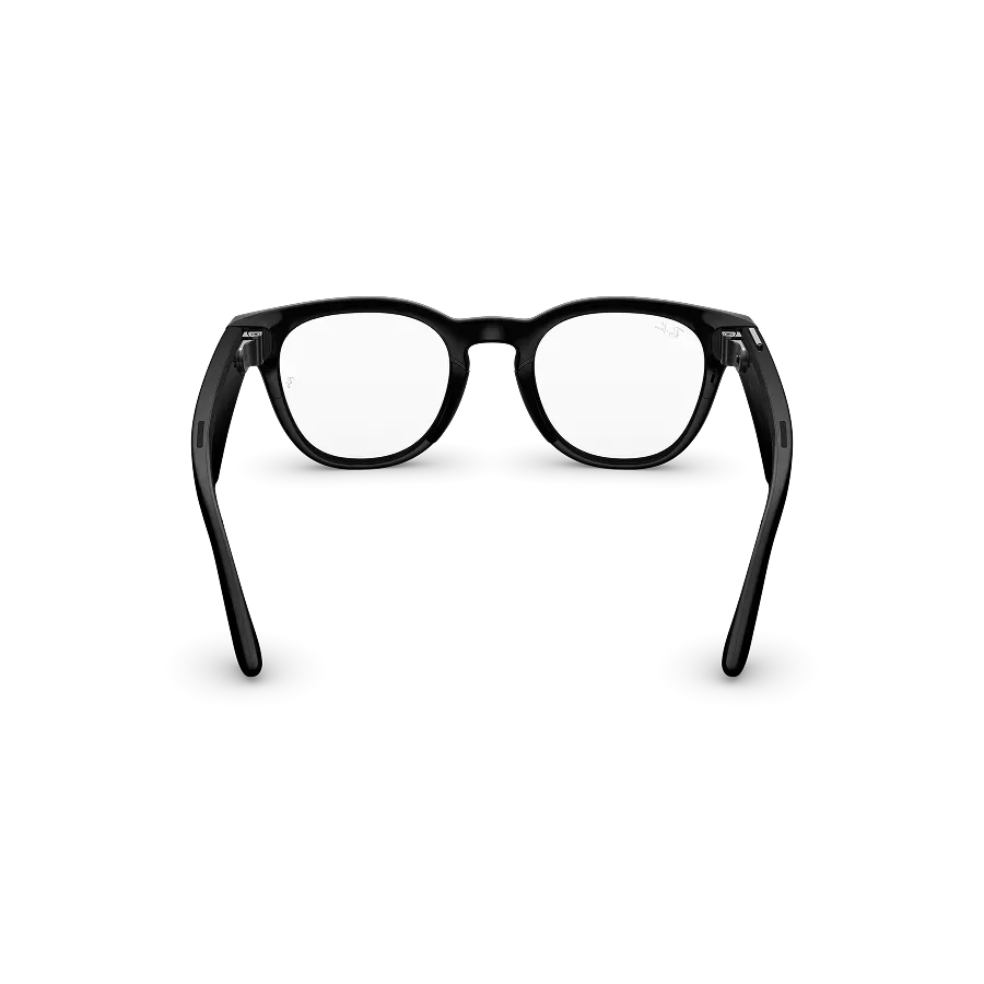 Vue arrière des lunettes Ray-Ban Meta Scriber Optics (Gen 2) avec monture Noir brillant uni et verres transparents.