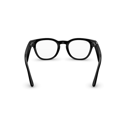 Vue arrière des lunettes Ray-Ban Meta Scriber Optics (Gen 2) avec monture Noir brillant uni et verres transparents.