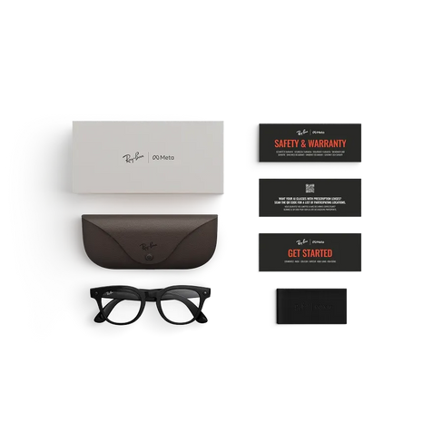 Articles inclus lors de l’achat des lunettes Ray-Ban Meta : étui de chargement Ray-Ban Meta, lunettes IA Ray-Ban Meta et guide de démarrage.