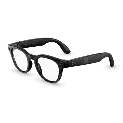 Vue de trois quarts gauche des lunettes Ray-Ban Meta Scriber Optics (Gen 2) avec monture Noir Transparent brillant et verres transparents.