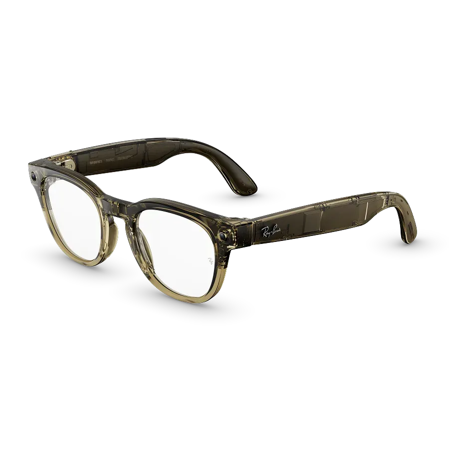 Vue de trois quarts gauche des lunettes Ray-Ban Meta Scriber Optics (Gen 2) avec monture Beige Pierre Transparent brillant et verres transparents.