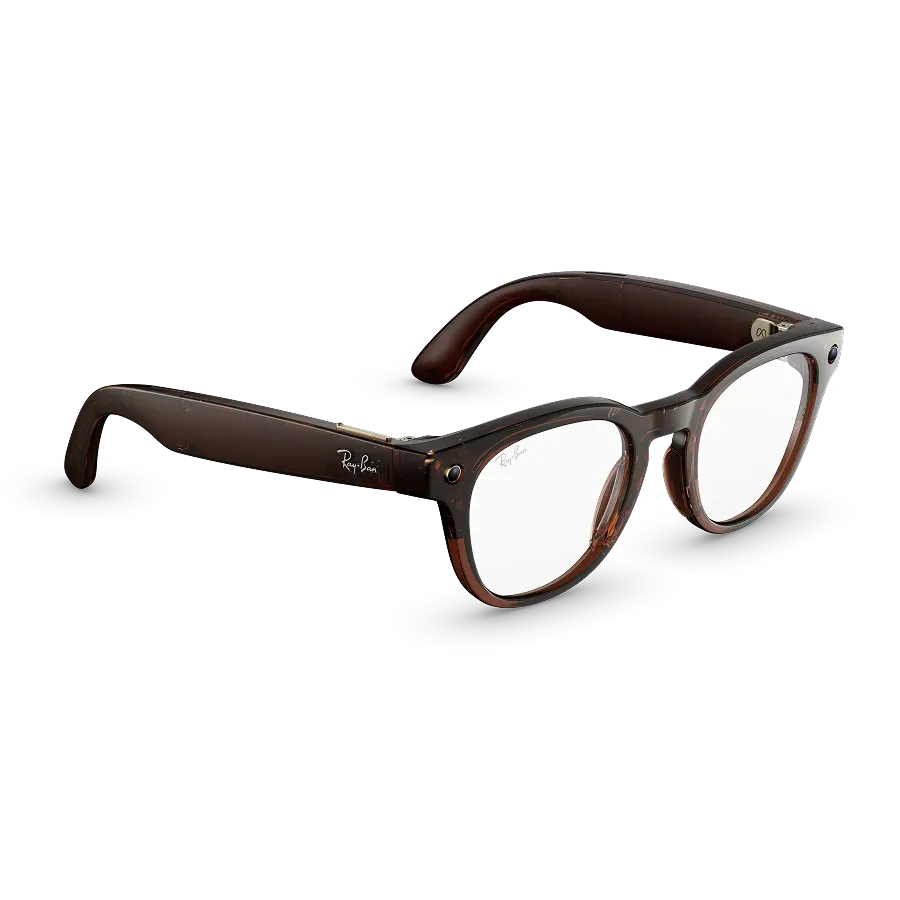 Vue de trois quarts droite des Ray-Ban Meta Scriber Optics (Gen 2) avec monture transparente marron brillant et verres transparents.