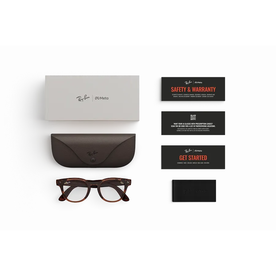 Articles inclus lors de l’achat des lunettes Ray-Ban Meta : étui de chargement Ray-Ban Meta, lunettes IA Ray-Ban Meta et guide de démarrage.