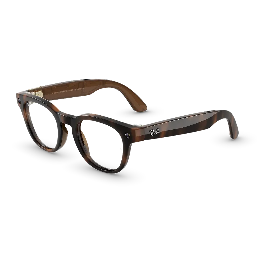 Vue de trois quarts gauche des lunettes Ray-Ban Meta Scriber Optics (Gen 2) avec monture Havana et verres transparents.