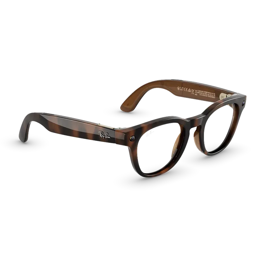 Vue de trois quarts droite des lunettes Ray-Ban Meta Scriber Optics (Gen 2) avec monture Havana et verres transparents.