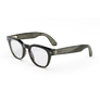 Vue de trois quarts gauche des lunettes Ray-Ban Meta Scriber Optics (Gen 2) avec monture Olive Foncé Transparent brillant et verres transparents.