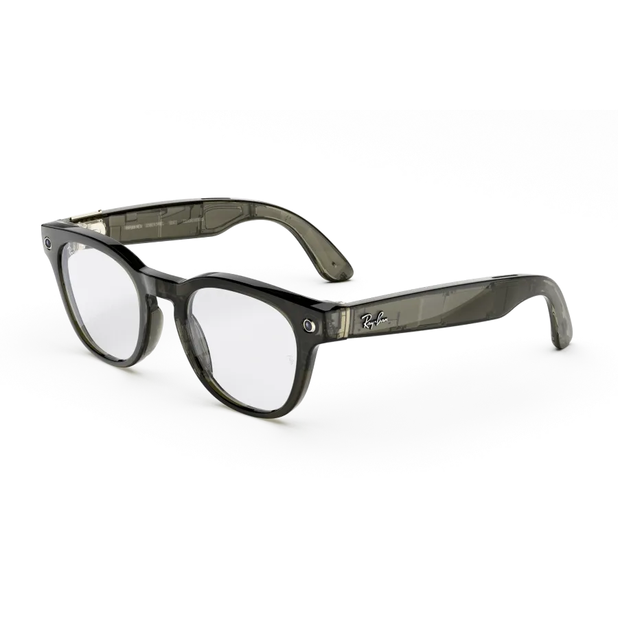 Vue de trois quarts gauche des lunettes Ray-Ban Meta Scriber Optics (Gen 2) avec monture Olive Foncé Transparent brillant et verres transparents.