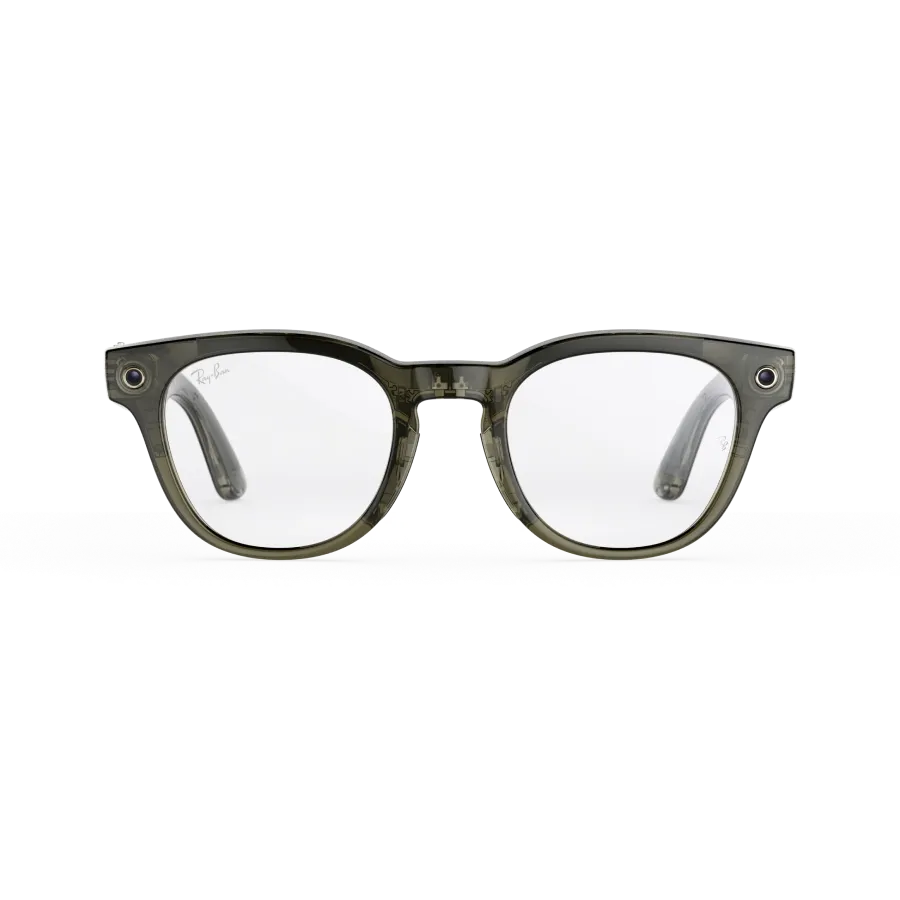 Vue avant des lunettes Ray-Ban Meta Scriber Optics (Gen 2) avec monture transparente brillante couleur olive foncé et verres transparents.