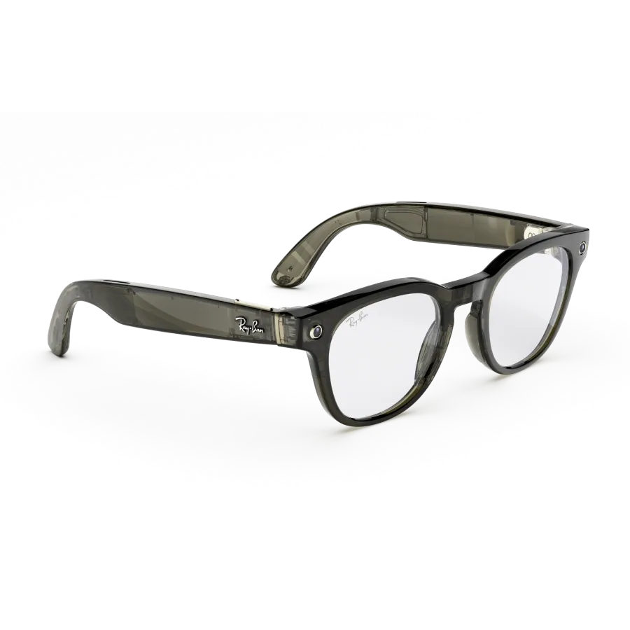 Vue de trois quarts droite des lunettes Ray-Ban Meta Scriber Optics (Gen 2) avec monture transparente Olive Foncé brillant et verres transparents.