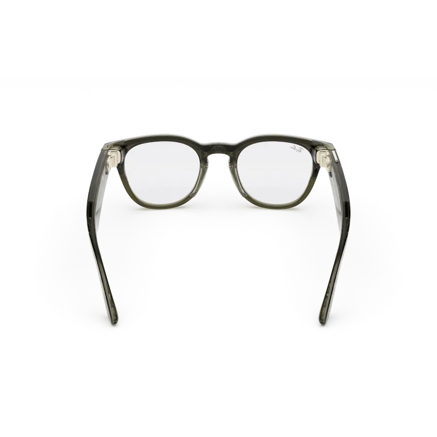 Vue arrière des lunettes Ray-Ban Meta Scriber Optics (Gen 2) avec monture transparente brillante couleur olive foncé et verres transparents.