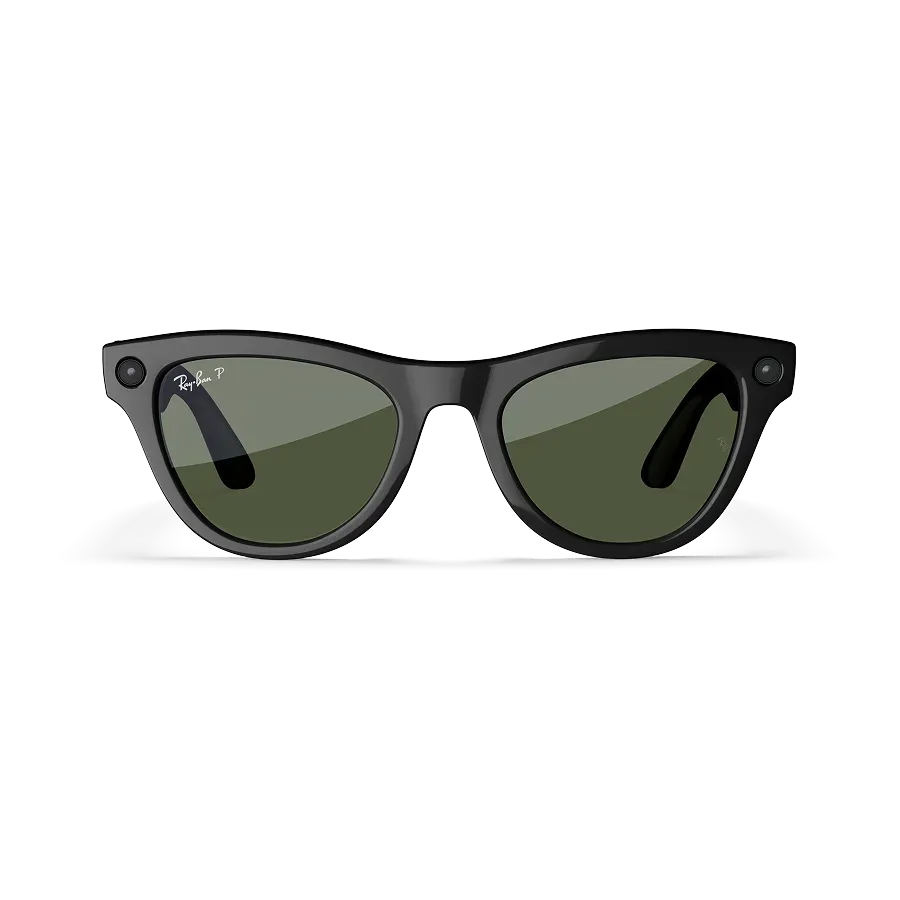Vue avant des lunettes Ray-Ban Meta avec monture Noir Brillant et verres solaires verts.
