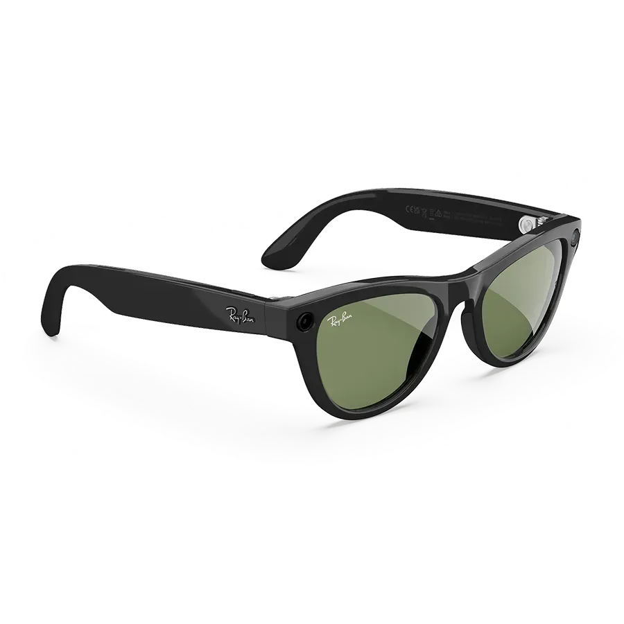 Vue de droite des lunettes Ray-Ban Meta avec monture Noir Brillant et verres solaires verts.