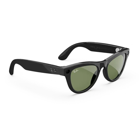Vue de droite des lunettes Ray-Ban Meta avec monture Noir Brillant et verres solaires verts.